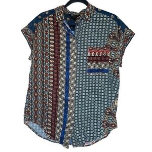 Desigual Azhar Mixed Pattern Short Sleeve Blouse Sz Sm